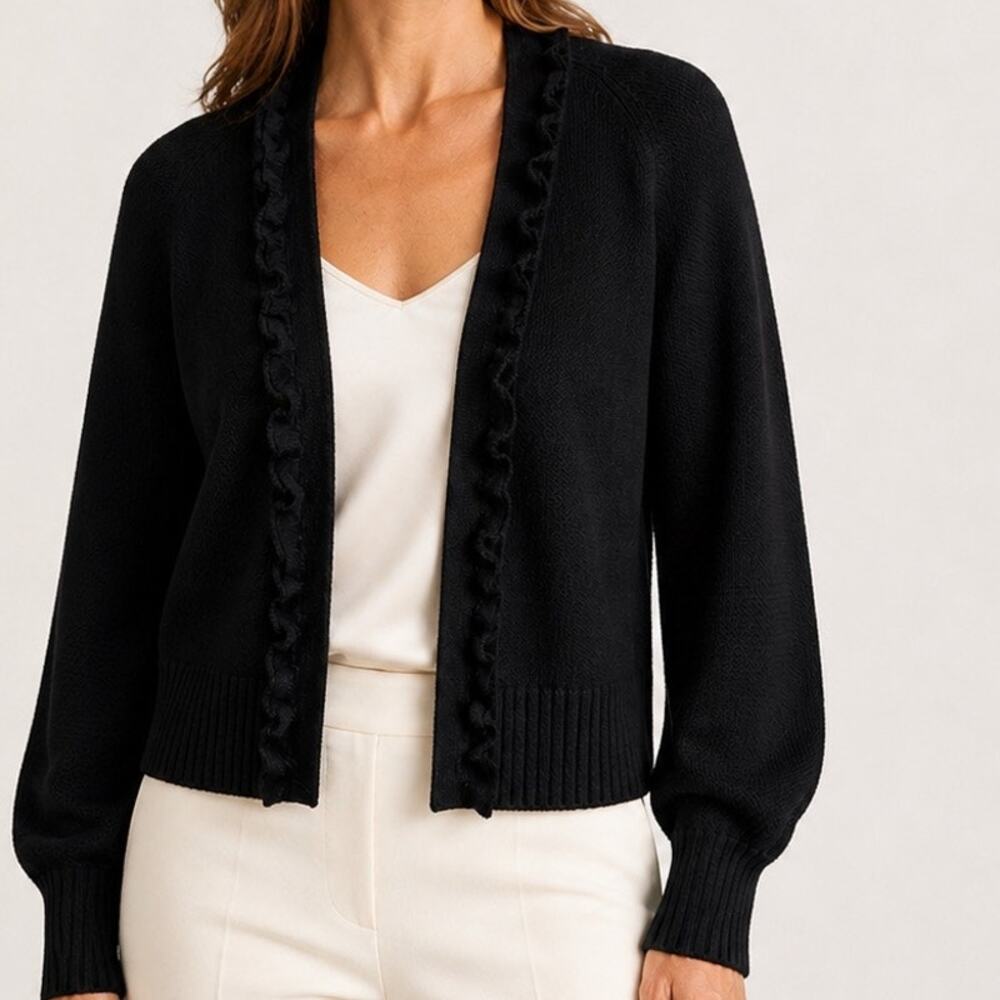 Kobi Halperin Wool Cardigan Large Black Open Long Puff Sleeves Fringe Trim Shrug